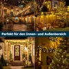 A collage of four images showing various outdoor and indoor settings decorated with warm white string lights, suggesting their use for parties, gardens, weddings, and Christmas. Produktbild-Vorschau