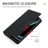 A black leather phone case is shown with the cover open, revealing a smartphone screen. Red arrows point to the magnetic closure mechanism. Produktbild-Vorschau