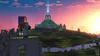 A Minecraft character stands on a stone platform overlooking a vast, terraced landscape with a glowing tower in the distance, under a colorful sunset sky. Podgląd zdjęcia produktu