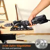 A hand holding a circular saw over a piece of wood, with other tools and saw blades in the background. Produktbild-Vorschau
