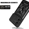 A black smartphone case with a ring holder and camera cover is shown at an angle, with text overlay indicating maximum protection. Produktbild-Vorschau