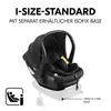 A black baby car seat is shown on a white background, with text indicating it meets the I-SIZE STANDARD and requires a separate ISOfix base. Produktbild-Vorschau