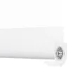 A close-up view of a white roller blind with a clear plastic mounting bracket on the right side. Produktbild-Vorschau