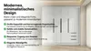A modern, white wardrobe with black handles is shown in a room. Text overlays describe its features. Produktbild-Vorschau