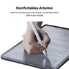 A hand is shown using a stylus pen on a tablet screen, with text overlayed on the image. Produktbild-Vorschau
