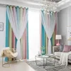 A living room with pastel rainbow curtains, a chair, and a coffee table. Náhled obrázku produktu