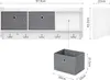 A white wall-mounted shelf unit with two gray fabric storage baskets and five hooks, along with a separate gray fabric storage basket shown below with dimensions. Voir les images du produit