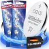 A product shot of multiple blister packs of CR2430 lithium coin cell batteries and a single loose battery, with a tag indicating quantity and country of origin. Produktbild-Vorschau