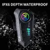 A black motorcycle helmet Bluetooth headset is shown with water splashing around it, highlighting its waterproof feature. Produktbild-Vorschau