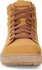 A close-up front view of a tan Birkenstock high-top shoe with brown laces. Produktbild-Vorschau