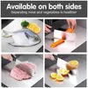 A collage of four images showing a metal cutting board being used to prepare food, including fish, carrots, meat, and oranges. The top banner text highlights the product's dual-sided usability and health benefits. Anteprima dell’immagine prodotto