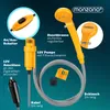 A diagram showing the components of a 12V camping shower kit against a dark blue background. Produktbild-Vorschau