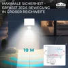 An outdoor LED light with a motion sensor mounted on a wall, illuminating a pathway. A diagram shows the sensor's adjustable angles. Produktbild-Vorschau