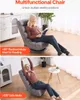 A split image showing a multifunctional chair in two different seating positions, with text overlays describing its features. Náhľad obrázku produktu