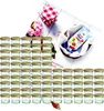 A collection of small glass jars with gold lids, arranged in rows, with some decorative elements like flowers and a packet of jelly powder in a basket. Voir les images du produit