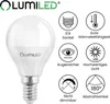 A product image of a LUMILED LED light bulb with several feature callouts. Náhled obrázku produktu
