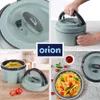 A collage of images showing a food container, its features, and food inside. Náhled obrázku produktu