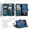 A collage of images showing a blue leather wallet phone case for a Samsung Galaxy A55, with close-ups of its features like card slots and a zipper pocket. Produktbild-Vorschau
