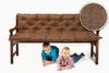 Two young boys are lying under a brown bench cushion on a white background. A close-up of the cushion's fabric texture is shown in a circular inset. Produktbild-Vorschau