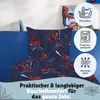 A Spiderman themed bedding set is shown with icons indicating washing and drying instructions. Produktbild-Vorschau