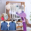 A hand holds a garment steamer, with a woman using a steamer on a shirt in a small circle inset, and a before-and-after comparison of a shirt's wrinkles below. In the background is a clothes rack with various garments. Produktbild-Vorschau