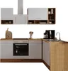A modern kitchen unit with white cabinets and wooden accents, including appliances and a sink. Produktbild-Vorschau