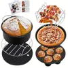 A collage of air fryer accessories and food items, including a cake, pizza, skewers, and muffins, along with an instruction booklet. Produktbild-Vorschau
