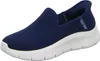 A single blue Skechers slip-on sneaker with a white sole is shown from a side angle against a white background. Produktbild-Vorschau