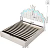 A white bed with a crown-shaped headboard and blue LED lights is shown with dimensions indicated by measurement lines and text. Náhled obrázku produktu