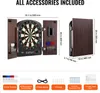 A dartboard and cabinet set with all accessories laid out below, along with dimensions. Anteprima dell’immagine prodotto
