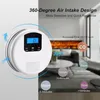 A carbon monoxide detector is shown mounted on a wall, with graphics illustrating its 360-degree air intake and response times to different CO levels. The background shows a blurred interior scene with a fireplace. Produktbild-Vorschau