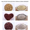 A collage of images showing different types of beans and ground grains, likely to demonstrate the capabilities of a grain grinder. Podgląd zdjęcia produktu