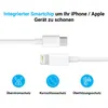 A white USB-C to Lightning charging cable with icons and text describing its features. Produktbild-Vorschau