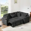 A dark gray sectional sofa with a pull-out bed and storage is shown in a living room setting with a large window and a rug. Produktbild-Vorschau