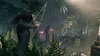 A woman with a bow and arrow in a jungle setting, aiming at a structure in the background. Produktbild-Vorschau