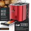 A red toaster with a bun attachment and a crumb tray extended, shown with a background of bread rolls. Anteprima dell’immagine prodotto