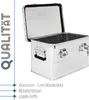 An open aluminum storage box with a lid, showing its interior and exterior features. Produktbild-Vorschau