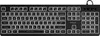 A black keyboard with white illuminated keys and a black cable is shown from a top-down perspective against a black background. Anteprima dell’immagine prodotto
