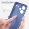 A hand is touching a blue phone case, with fluffy white material in the background. Produktbild-Vorschau