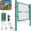 A green metal garden gate and its components are displayed against a white background, with a small inset image showing the gate installed in a garden setting. Produktbild-Vorschau