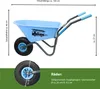 A diagram of a blue children's wheelbarrow with dimensions and details about its wheels. Produktbild-Vorschau