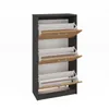 A dark gray shoe cabinet with three flip-down drawers, each with a wood-effect front and a white interior. Podgląd zdjęcia produktu