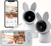 A collage of images showing a baby monitor kit, including two cameras, a parent unit, and a smartphone app interface. Podgląd zdjęcia produktu