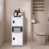 A white bathroom cabinet with bottles on top, next to a toilet. Produktbild-Vorschau