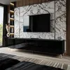 A modern living room with a large TV mounted on a marble-patterned wall, above a sleek black media console. Náhľad obrázku produktu