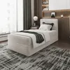A modern bedroom with a single bed, nightstand, and window. Produktbild-Vorschau