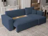 A blue sectional sofa with storage is shown in a living room setting. Produktbild-Vorschau