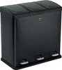 A black, three-compartment trash can with pedal-operated lids. Produktbild-Vorschau