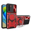 A red and black phone case with a sliding camera cover and a ring holder is displayed next to a phone. Produktbild-Vorschau