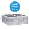 A white wooden outdoor enclosure for small animals, with dimensions indicated by text and lines. Produktbild-Vorschau